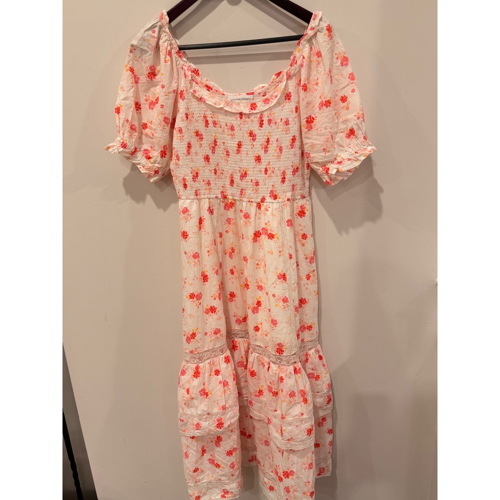 LoveShackFancy Target Pink Floral‎ Smocked Tiered Lace Trim Midi Dress Small